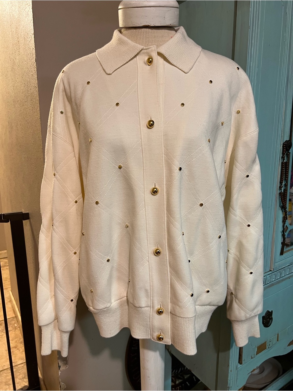 VTG Ancora by Ciao LTD Y2K Ivory Wool Blend Studded Bomber Jacket Women’s Medium
